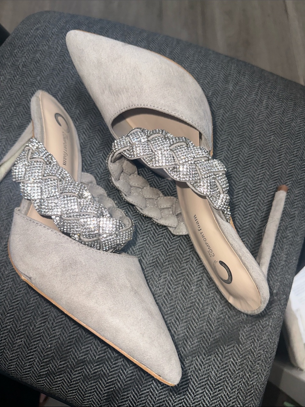 Pointed Crystal-Braided Mules in Light Gray
